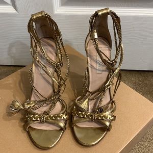 Pura Lopez gold braid heel sandals